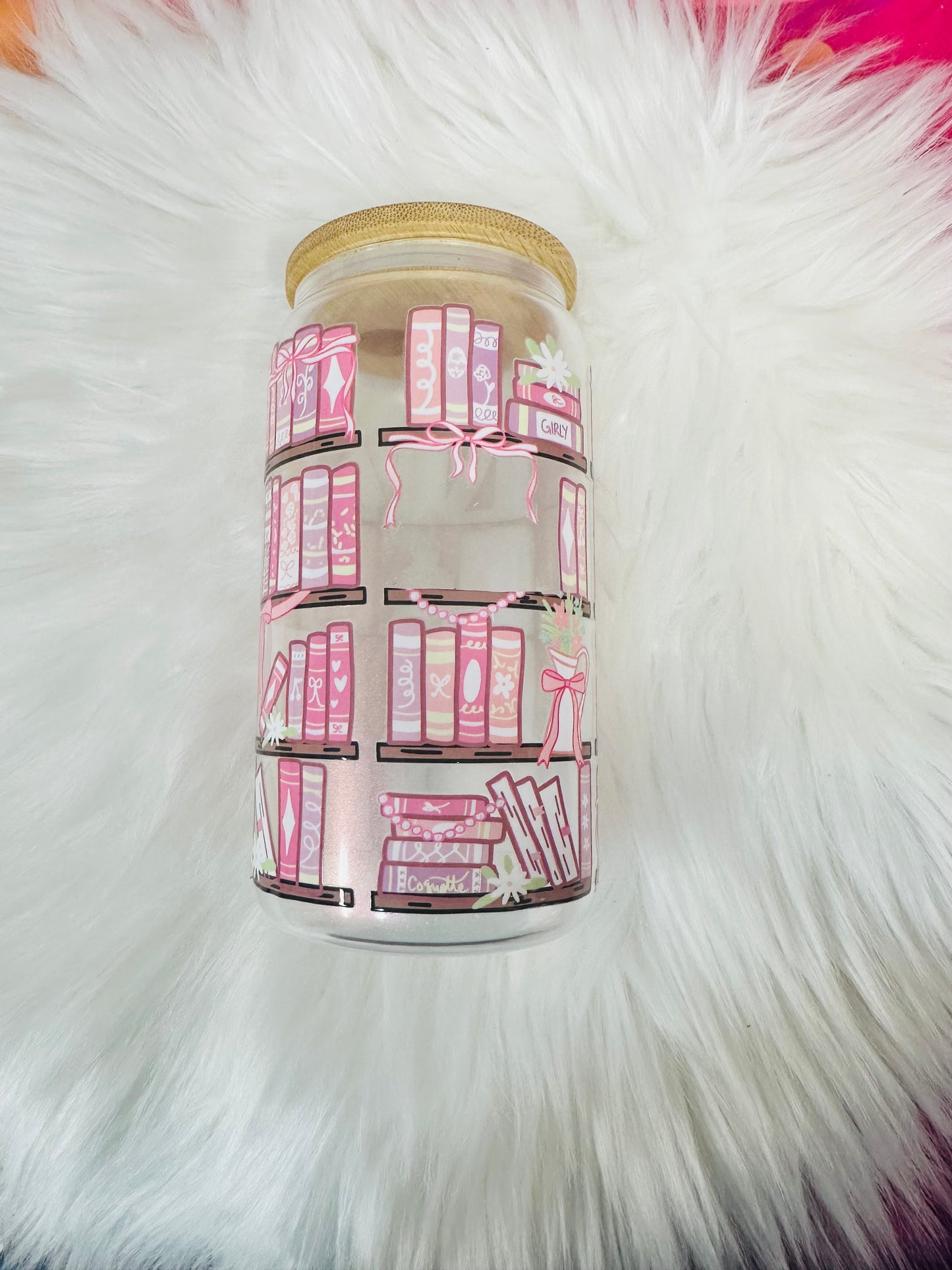 16oz Glass Can - books and bows