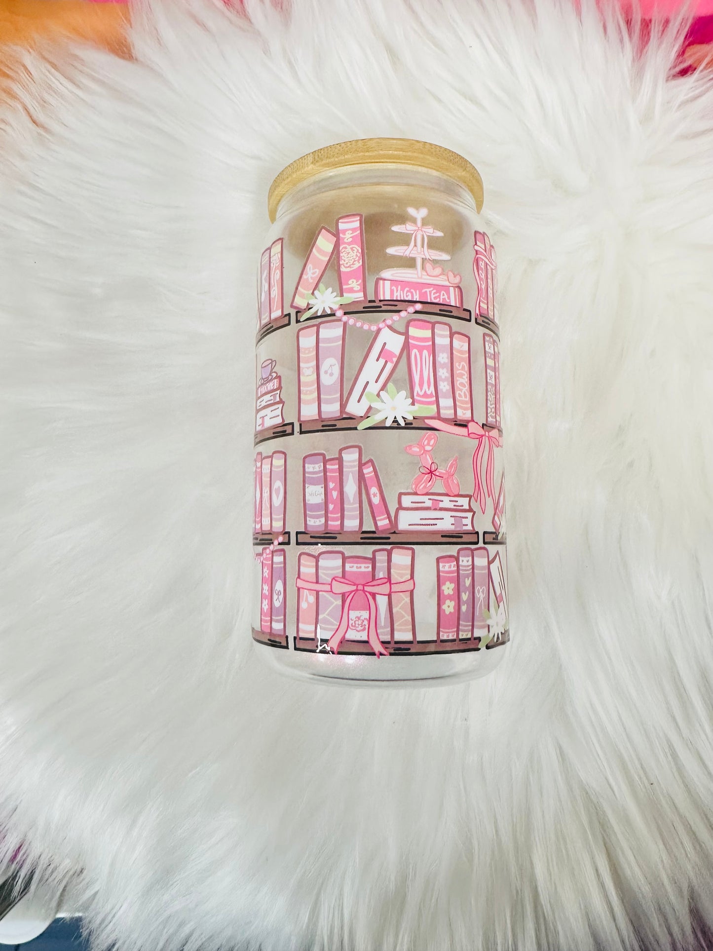 16oz Glass Can - books and bows