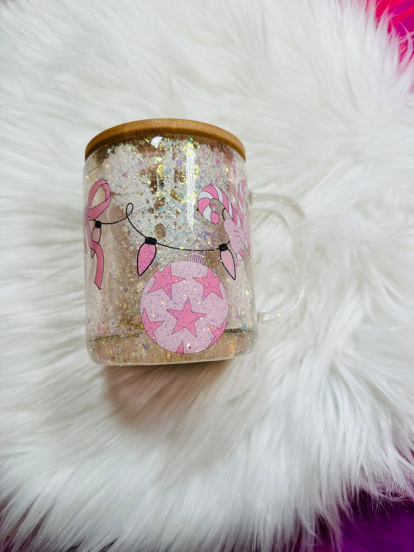 9oz Glass Snow-globe Mug - Pink Christmas