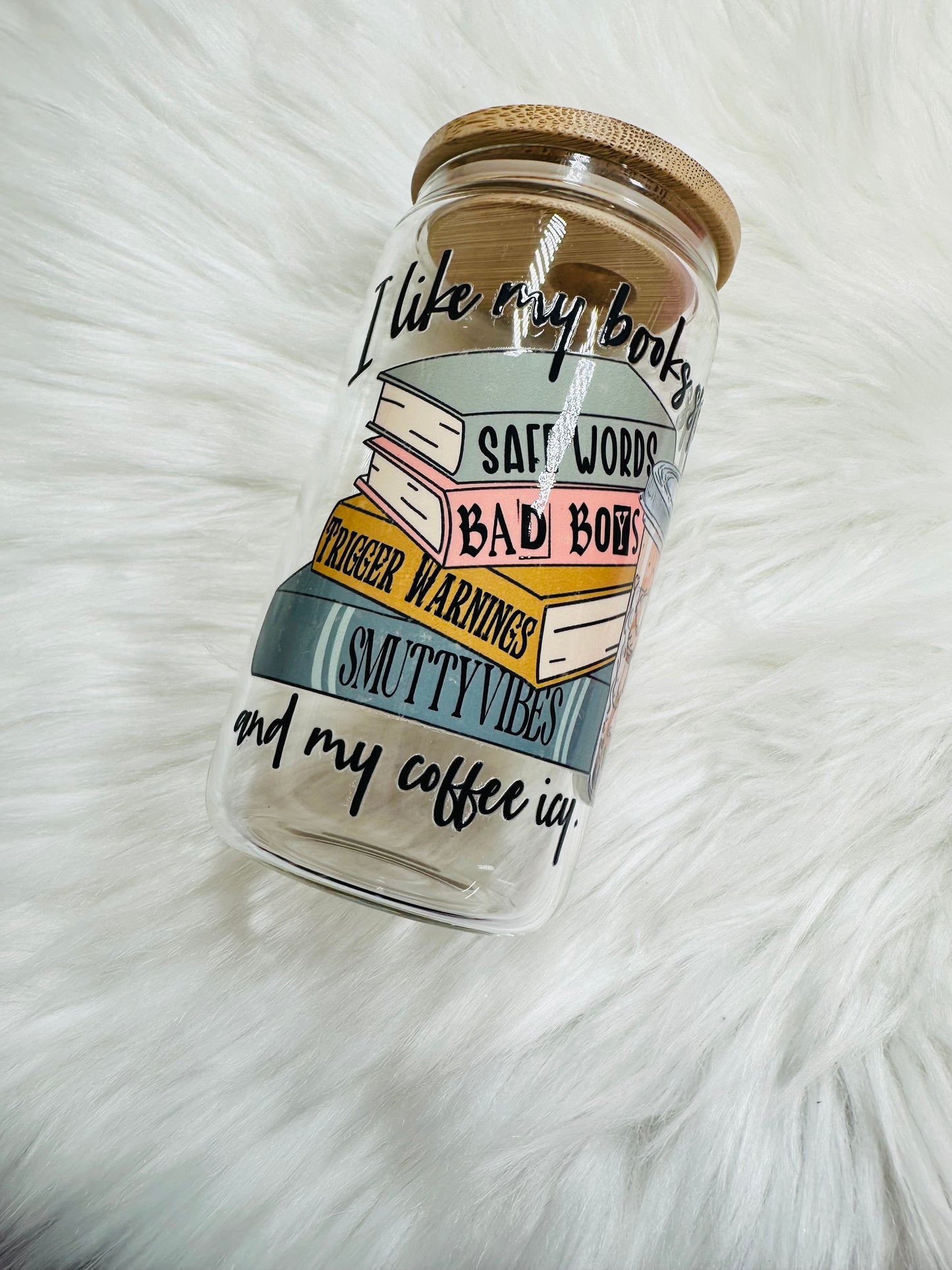 12oz Glass Cup - Books Spicy, Coffee Icy