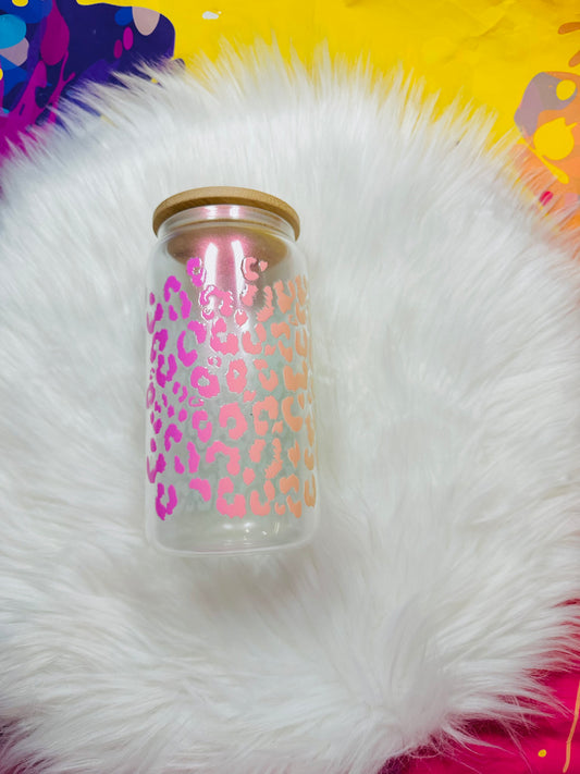 16oz Glass Can - Neon Leopard