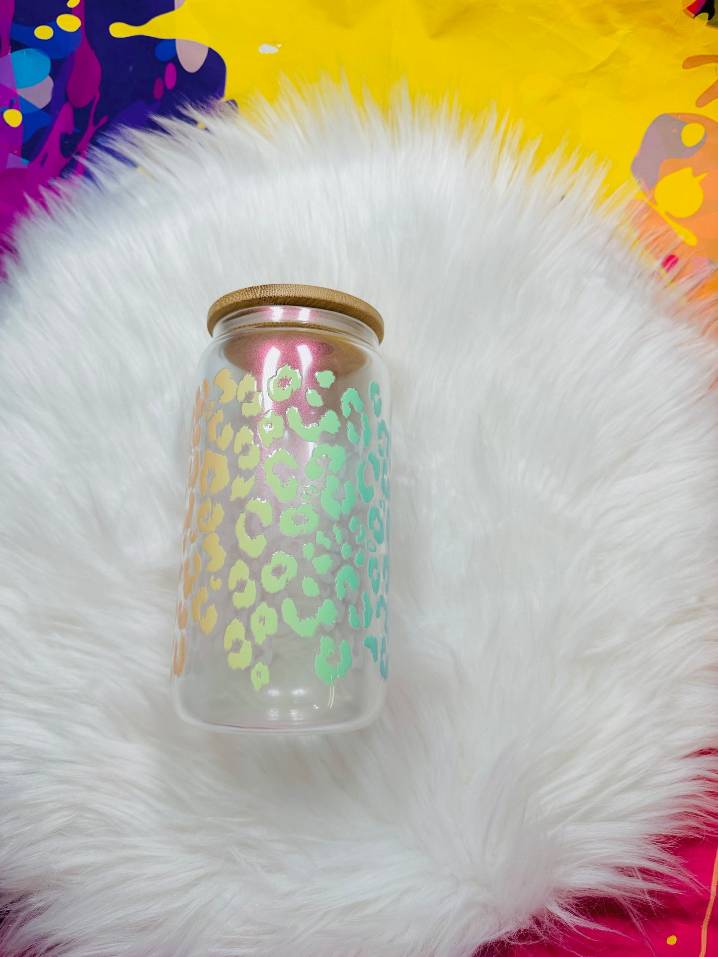 16oz Glass Can - Neon Leopard