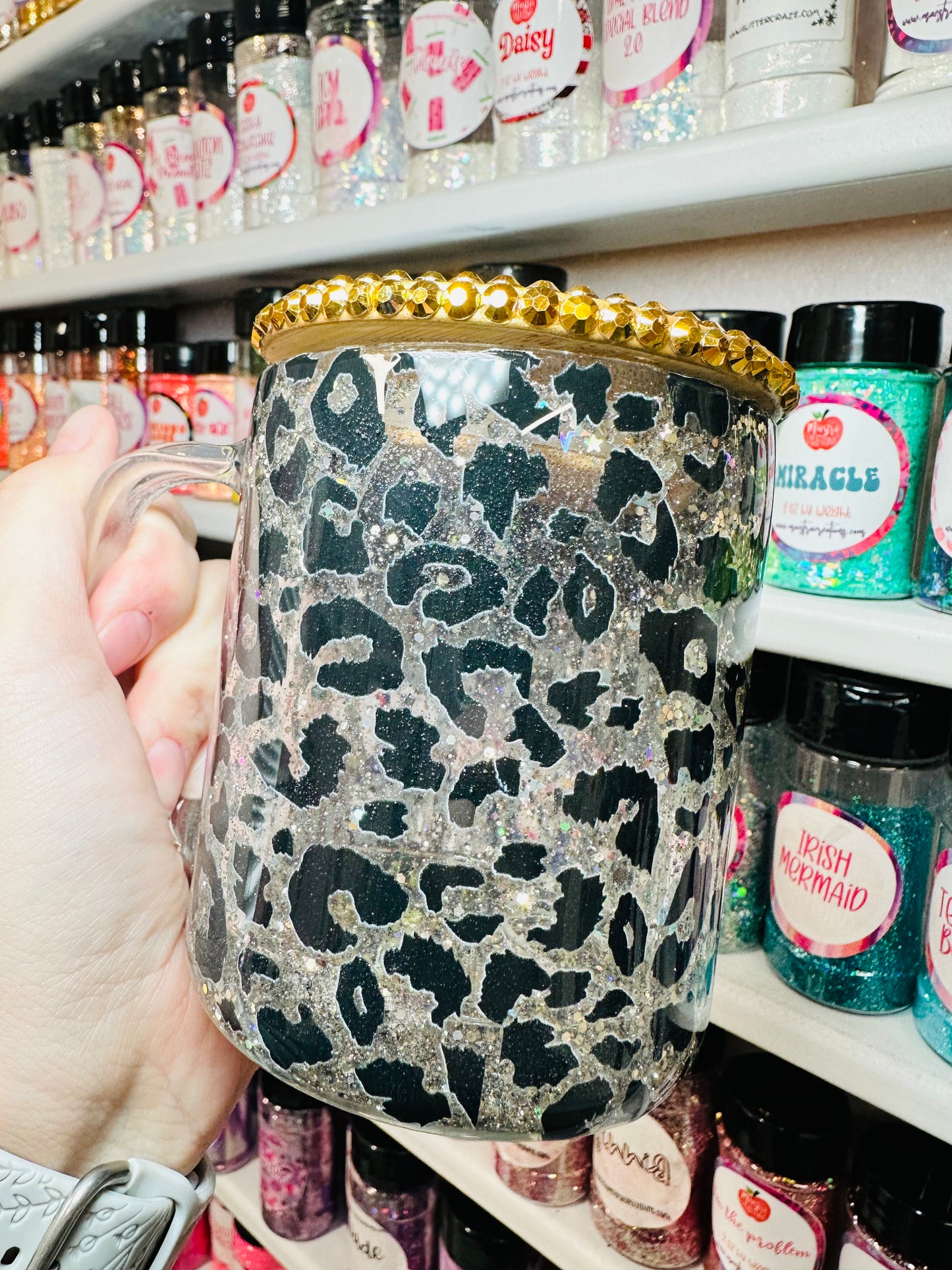 9oz Glitter Globe Running on Caffeine Glass Mug (epoxied) w/ rhinestone lid