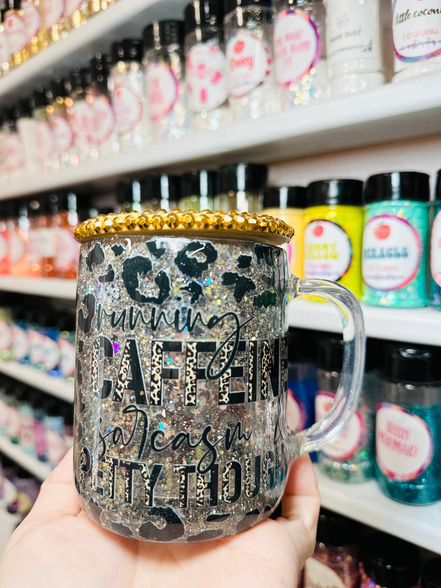 9oz Glitter Globe Running on Caffeine Glass Mug (epoxied) w/ rhinestone lid